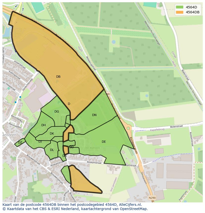 Afbeelding van het postcodegebied 4564 DB op de kaart.