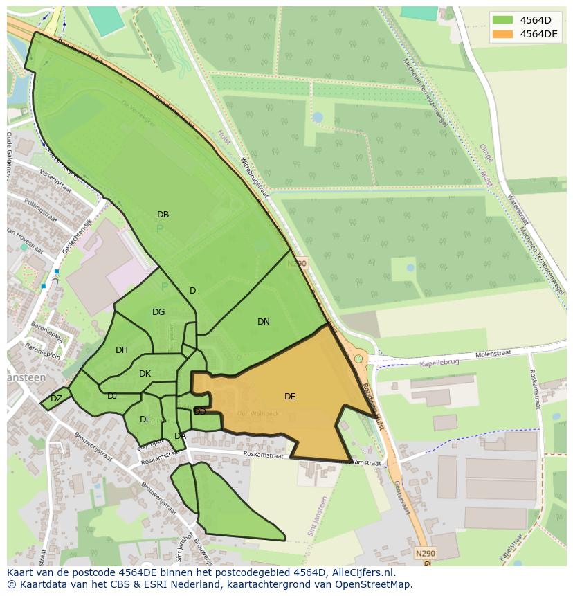 Afbeelding van het postcodegebied 4564 DE op de kaart.