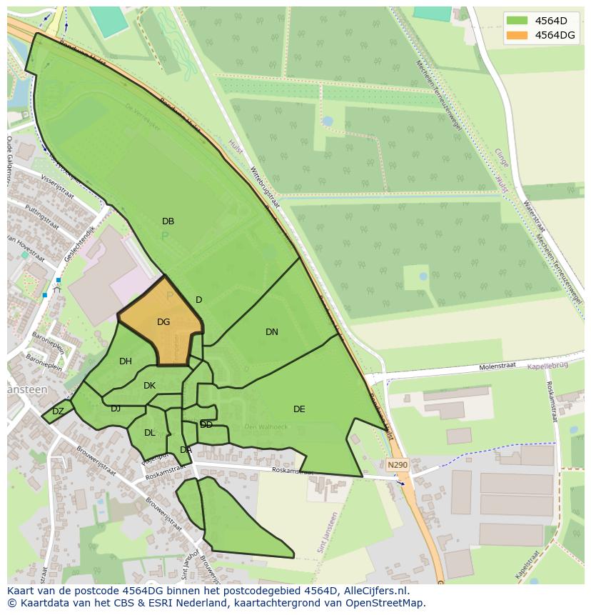 Afbeelding van het postcodegebied 4564 DG op de kaart.