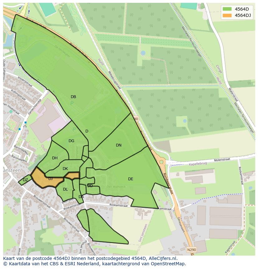Afbeelding van het postcodegebied 4564 DJ op de kaart.