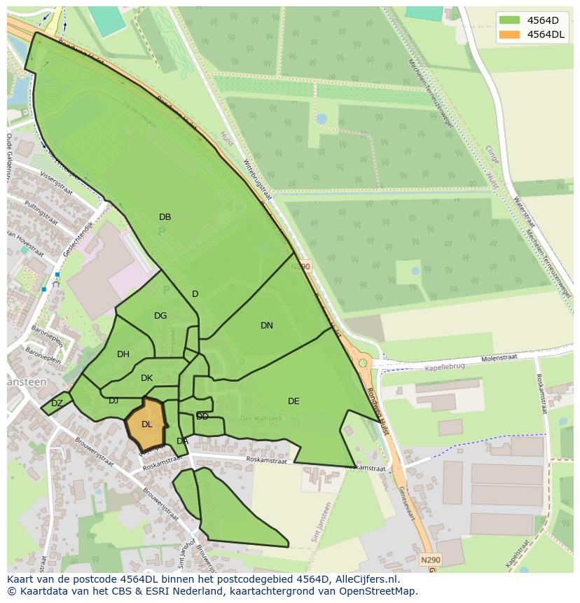 Afbeelding van het postcodegebied 4564 DL op de kaart.