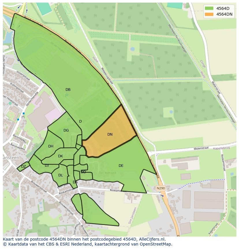 Afbeelding van het postcodegebied 4564 DN op de kaart.