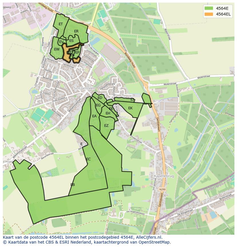Afbeelding van het postcodegebied 4564 EL op de kaart.