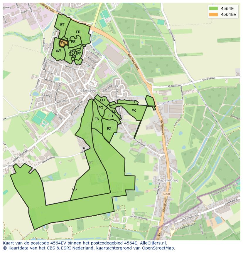 Afbeelding van het postcodegebied 4564 EV op de kaart.