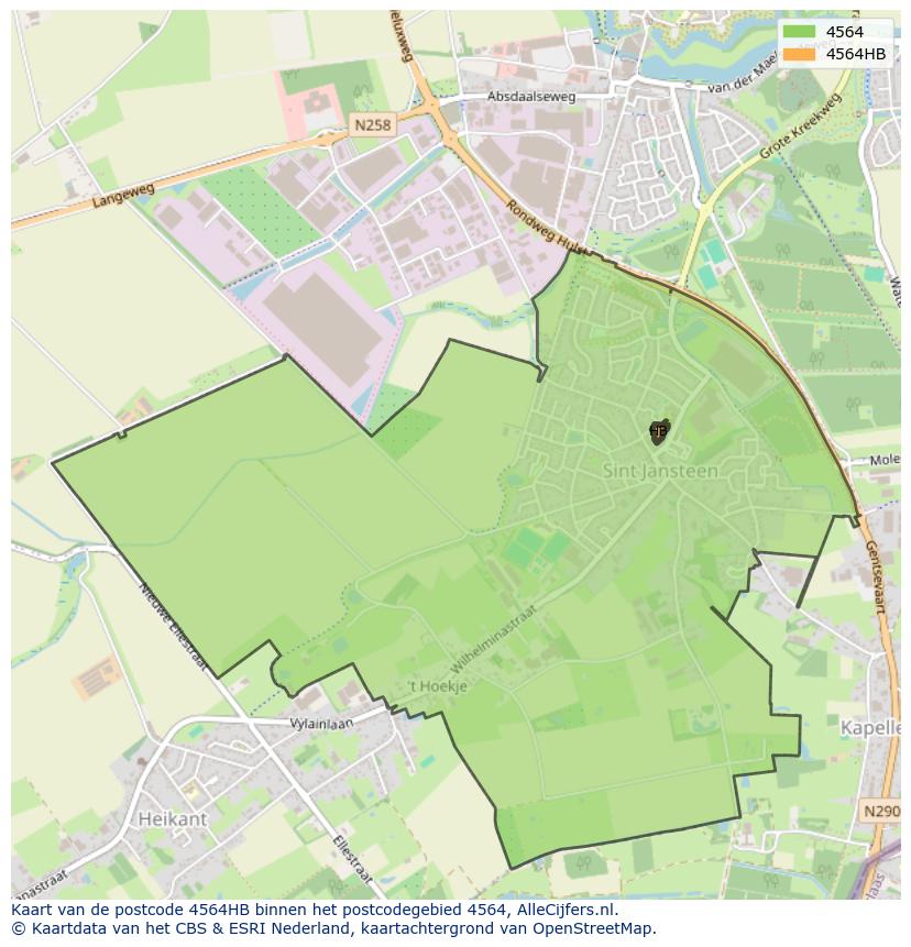 Afbeelding van het postcodegebied 4564 HB op de kaart.