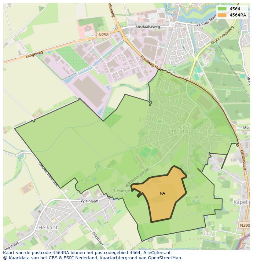 Afbeelding van het postcodegebied 4564 RA op de kaart.