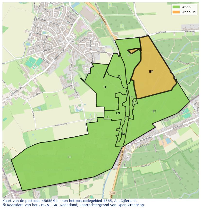 Afbeelding van het postcodegebied 4565 EM op de kaart.