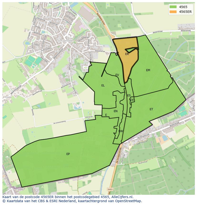Afbeelding van het postcodegebied 4565 ER op de kaart.