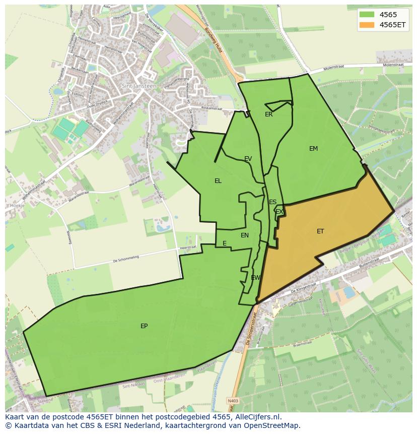 Afbeelding van het postcodegebied 4565 ET op de kaart.