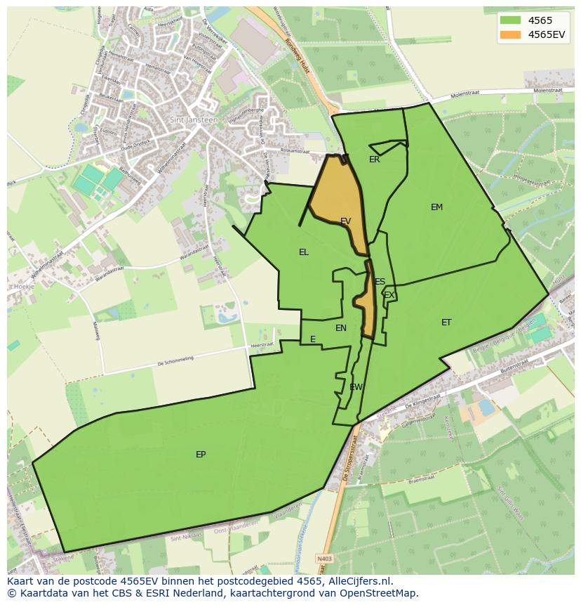 Afbeelding van het postcodegebied 4565 EV op de kaart.