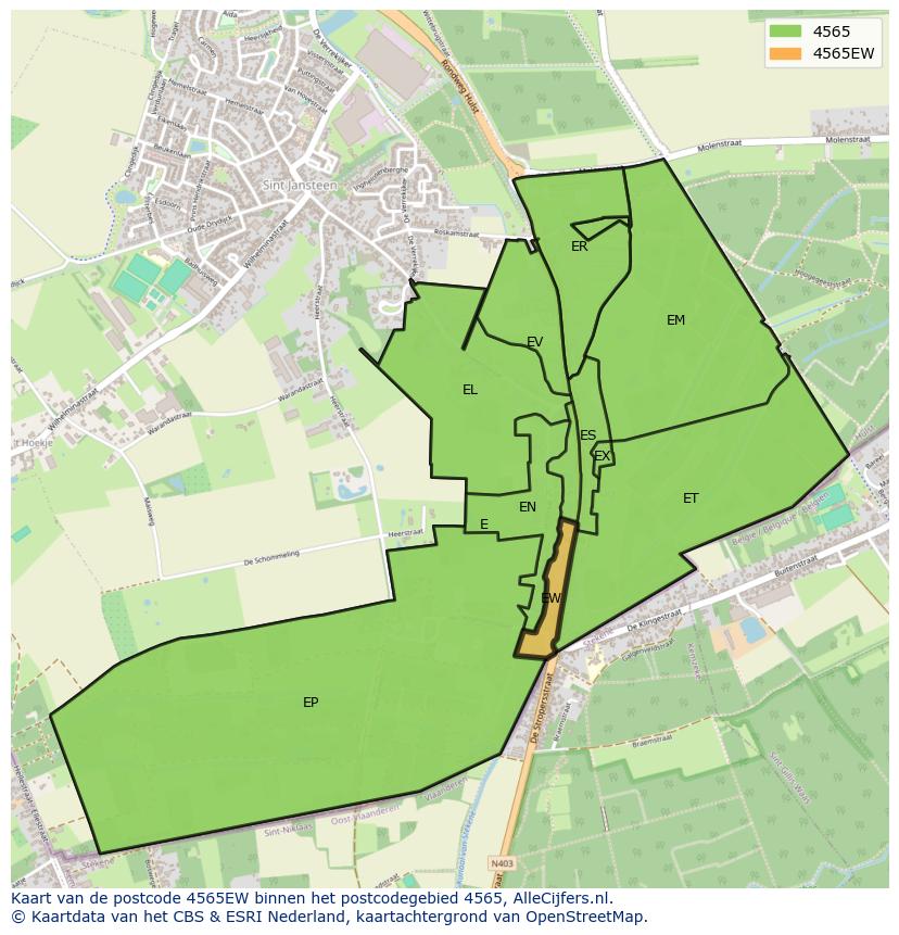 Afbeelding van het postcodegebied 4565 EW op de kaart.