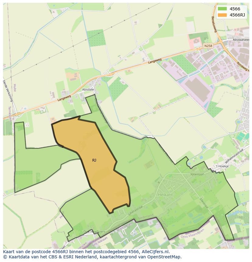 Afbeelding van het postcodegebied 4566 RJ op de kaart.