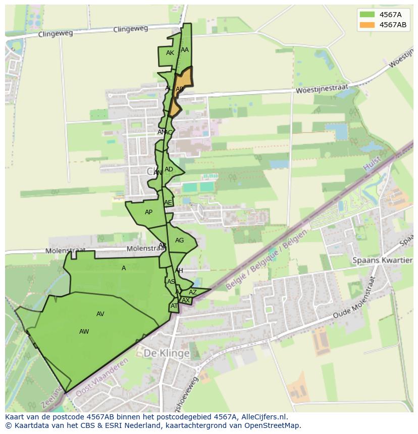 Afbeelding van het postcodegebied 4567 AB op de kaart.