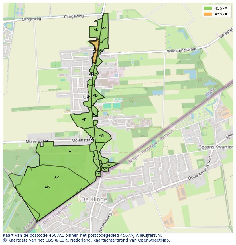 Afbeelding van het postcodegebied 4567 AL op de kaart.