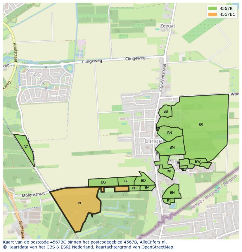 Afbeelding van het postcodegebied 4567 BC op de kaart.