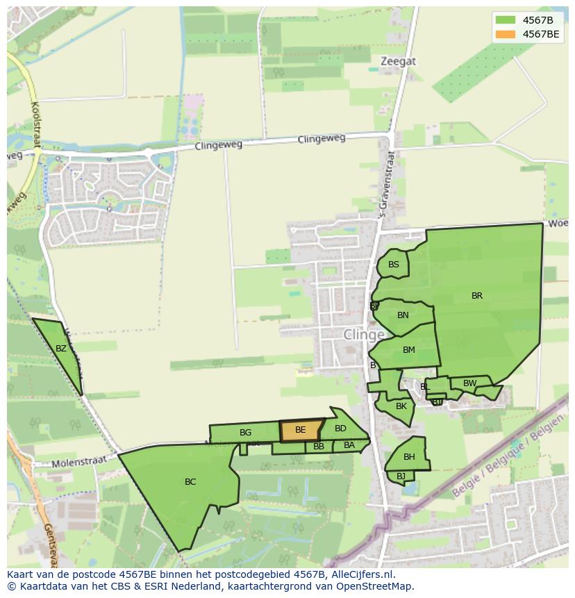 Afbeelding van het postcodegebied 4567 BE op de kaart.