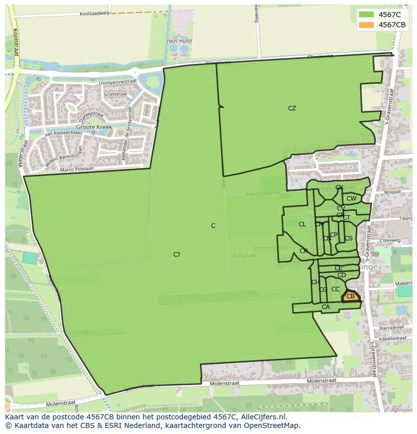 Afbeelding van het postcodegebied 4567 CB op de kaart.
