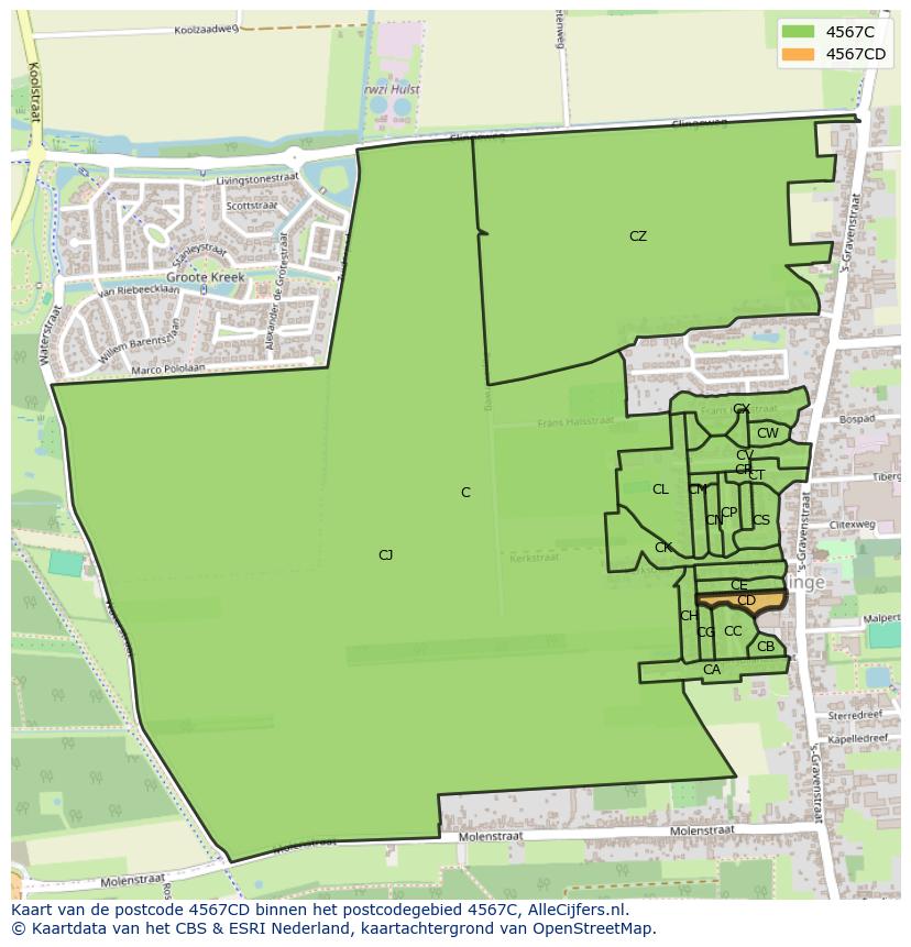 Afbeelding van het postcodegebied 4567 CD op de kaart.