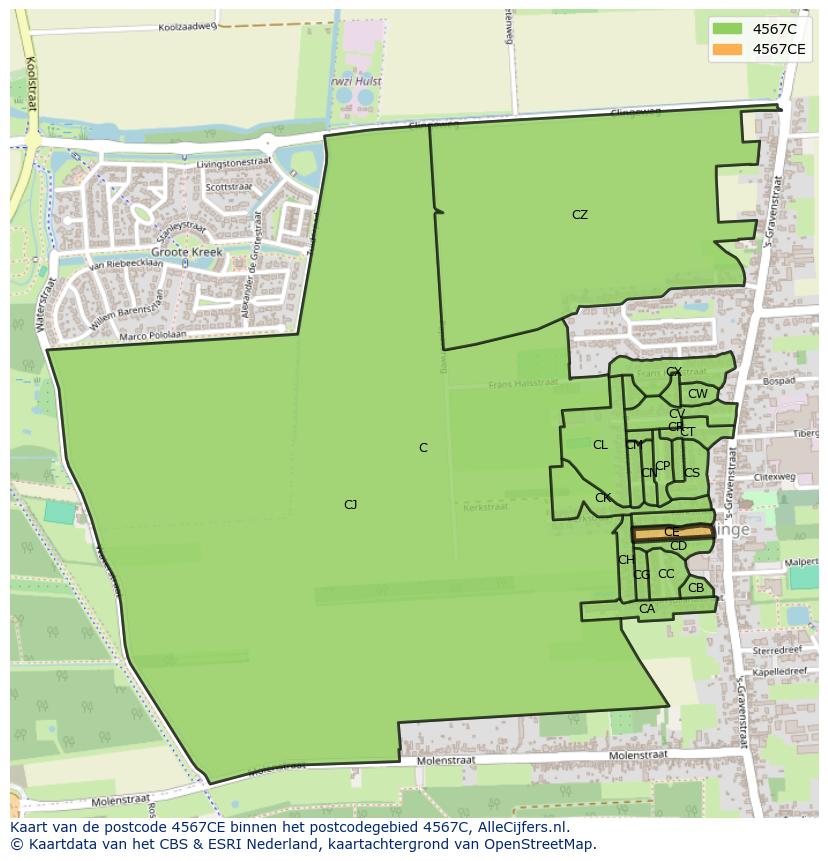 Afbeelding van het postcodegebied 4567 CE op de kaart.