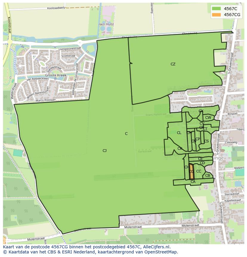 Afbeelding van het postcodegebied 4567 CG op de kaart.