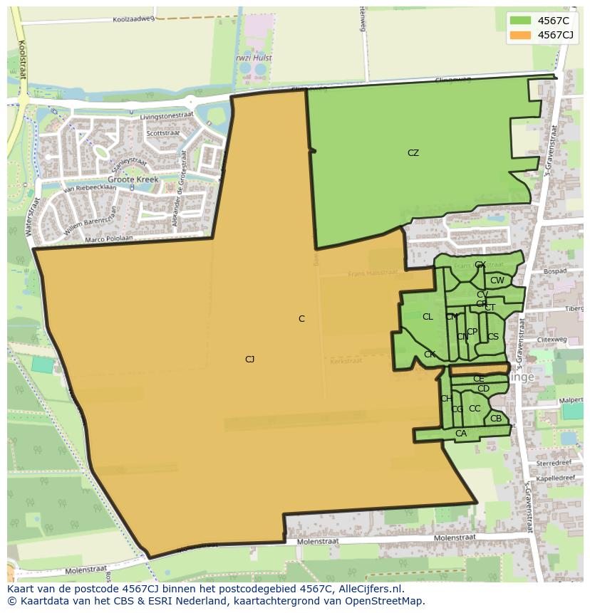 Afbeelding van het postcodegebied 4567 CJ op de kaart.
