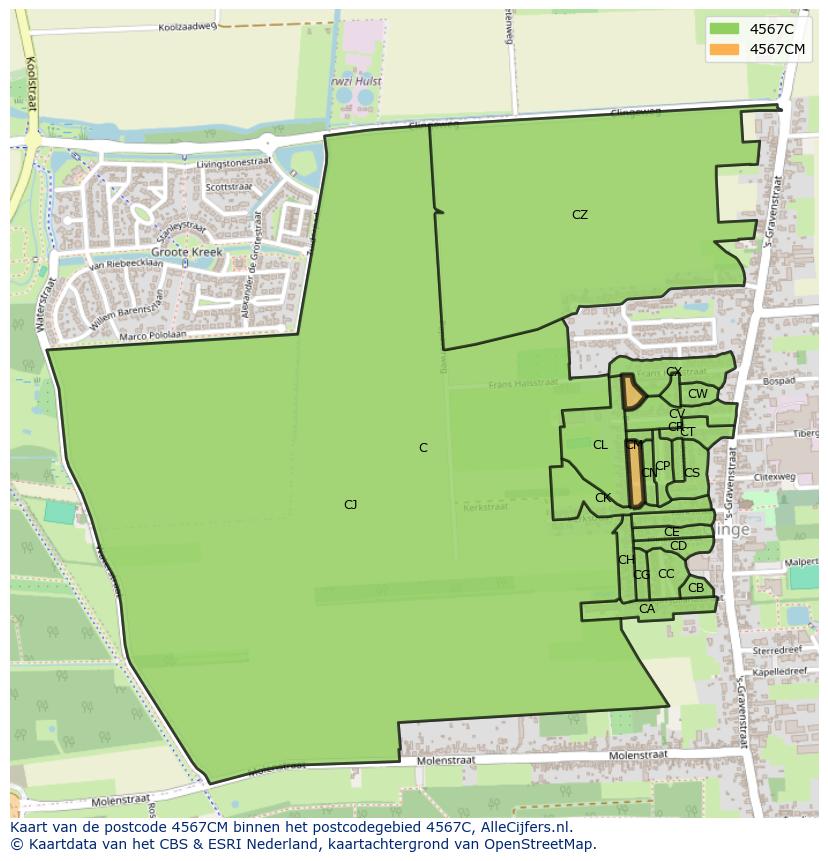 Afbeelding van het postcodegebied 4567 CM op de kaart.