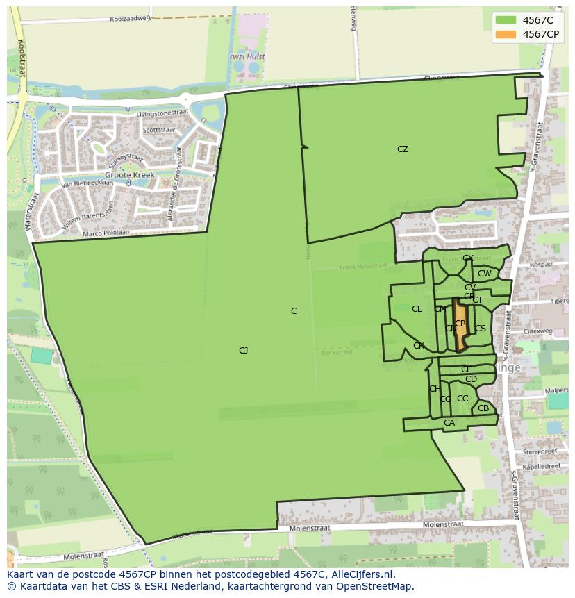 Afbeelding van het postcodegebied 4567 CP op de kaart.
