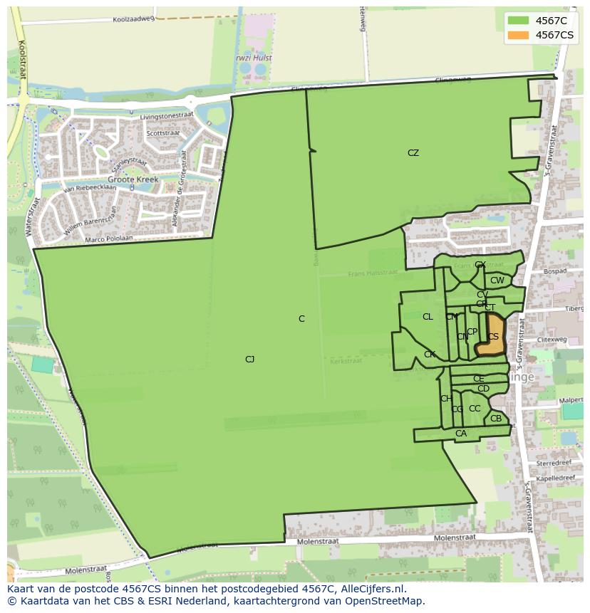 Afbeelding van het postcodegebied 4567 CS op de kaart.
