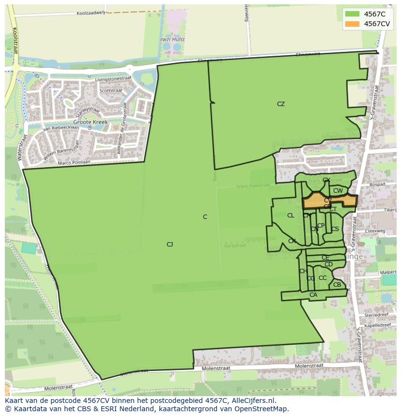 Afbeelding van het postcodegebied 4567 CV op de kaart.