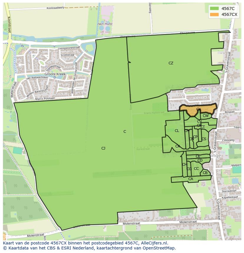 Afbeelding van het postcodegebied 4567 CX op de kaart.