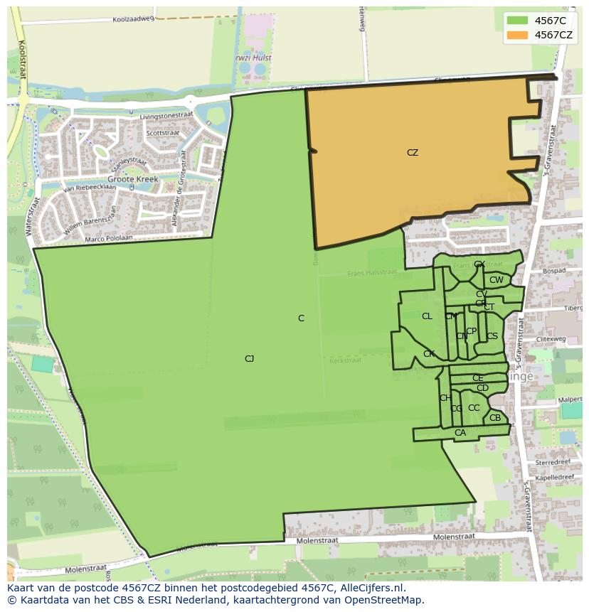 Afbeelding van het postcodegebied 4567 CZ op de kaart.