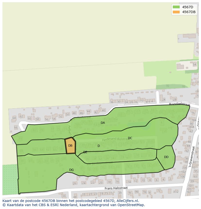 Afbeelding van het postcodegebied 4567 DB op de kaart.