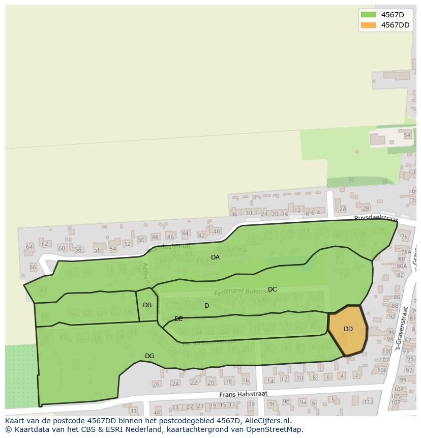 Afbeelding van het postcodegebied 4567 DD op de kaart.
