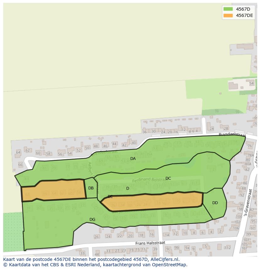 Afbeelding van het postcodegebied 4567 DE op de kaart.