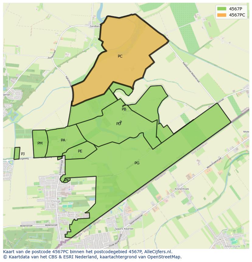 Afbeelding van het postcodegebied 4567 PC op de kaart.