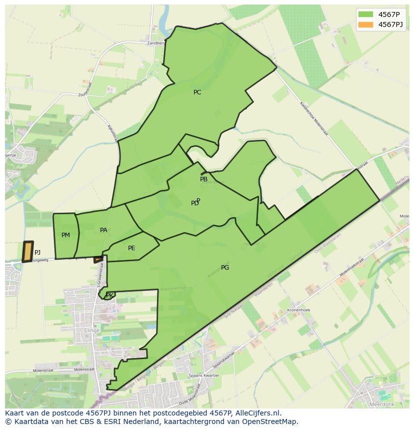 Afbeelding van het postcodegebied 4567 PJ op de kaart.
