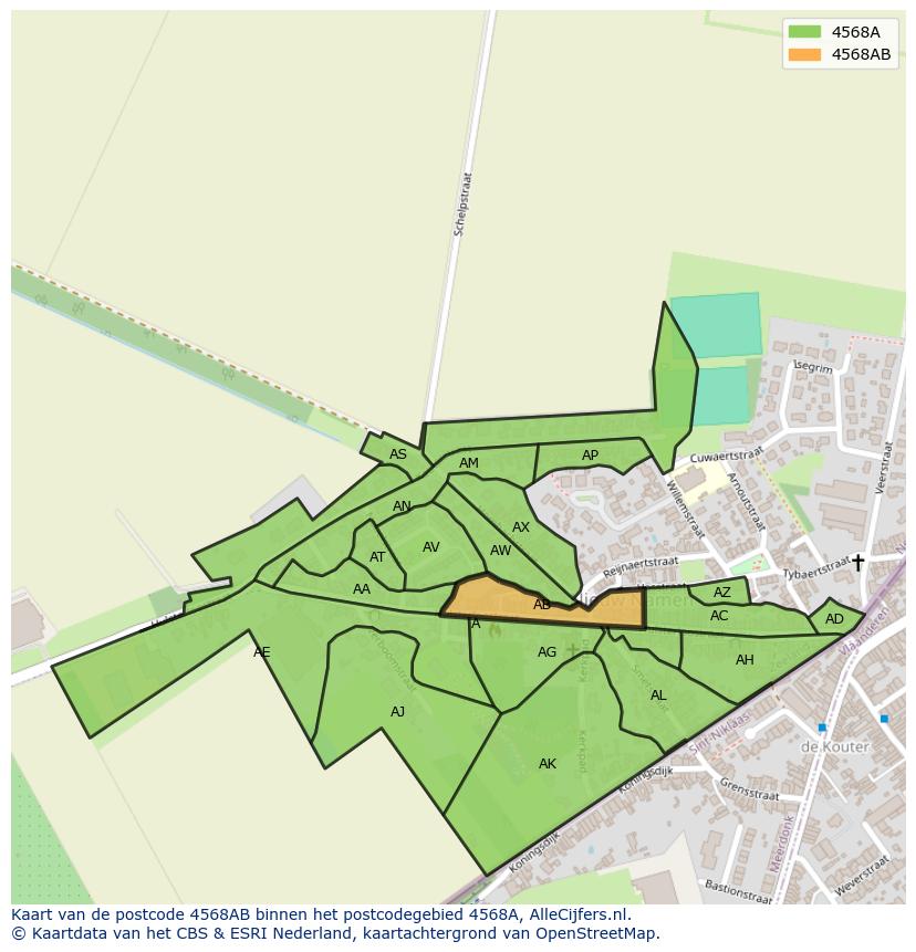 Afbeelding van het postcodegebied 4568 AB op de kaart.