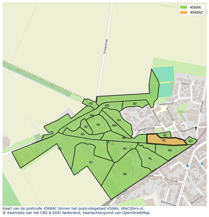 Afbeelding van het postcodegebied 4568 AC op de kaart.