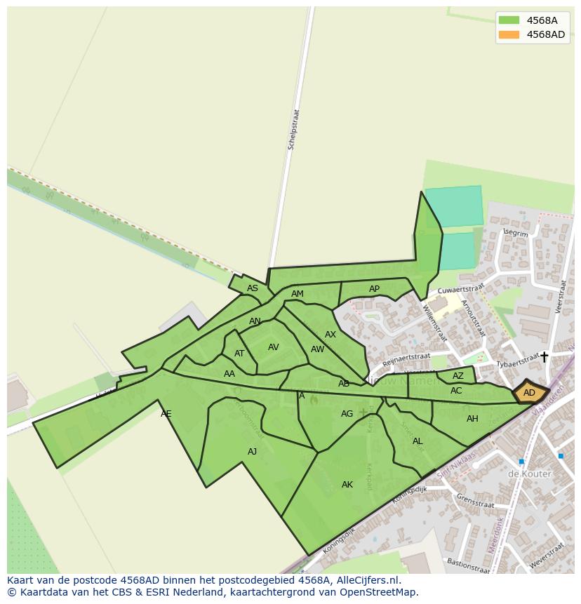 Afbeelding van het postcodegebied 4568 AD op de kaart.