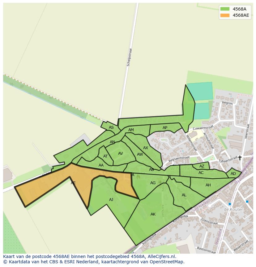 Afbeelding van het postcodegebied 4568 AE op de kaart.