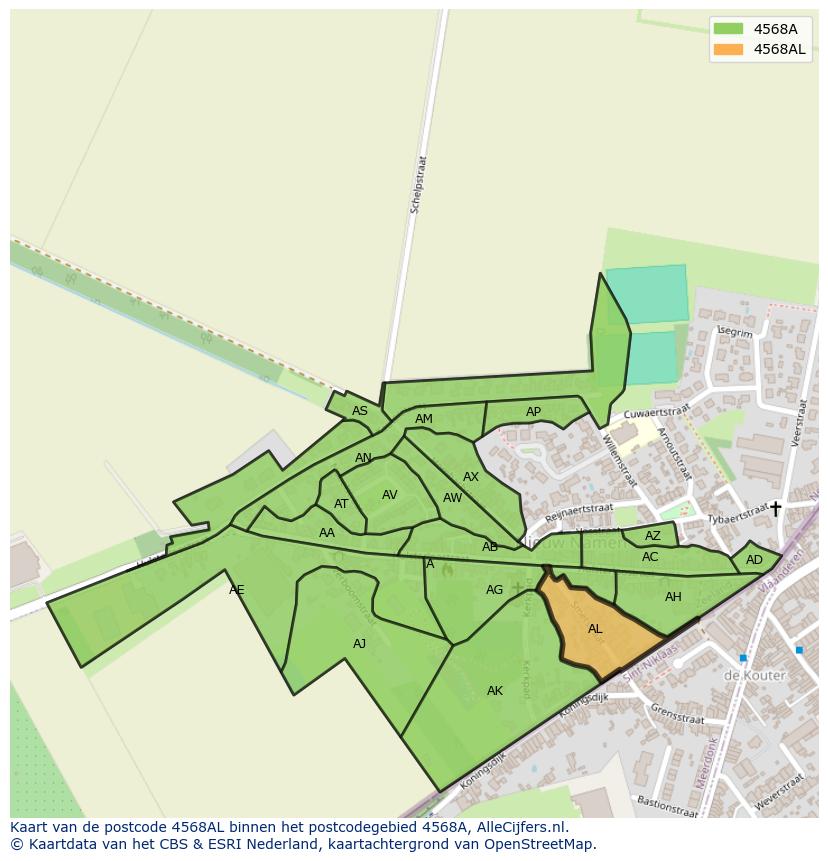 Afbeelding van het postcodegebied 4568 AL op de kaart.