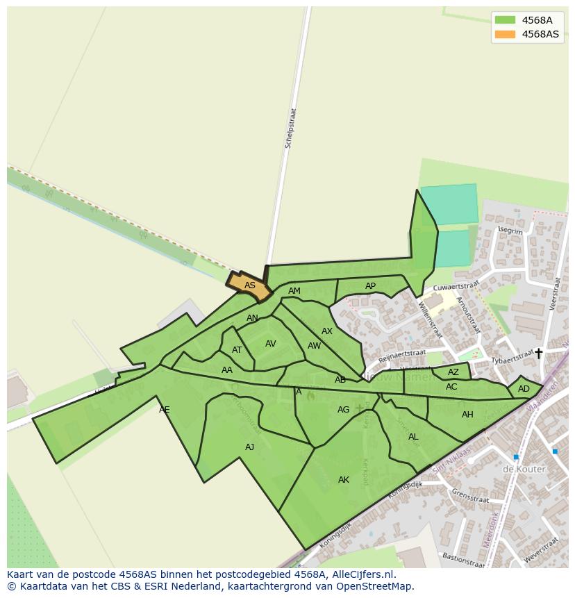 Afbeelding van het postcodegebied 4568 AS op de kaart.