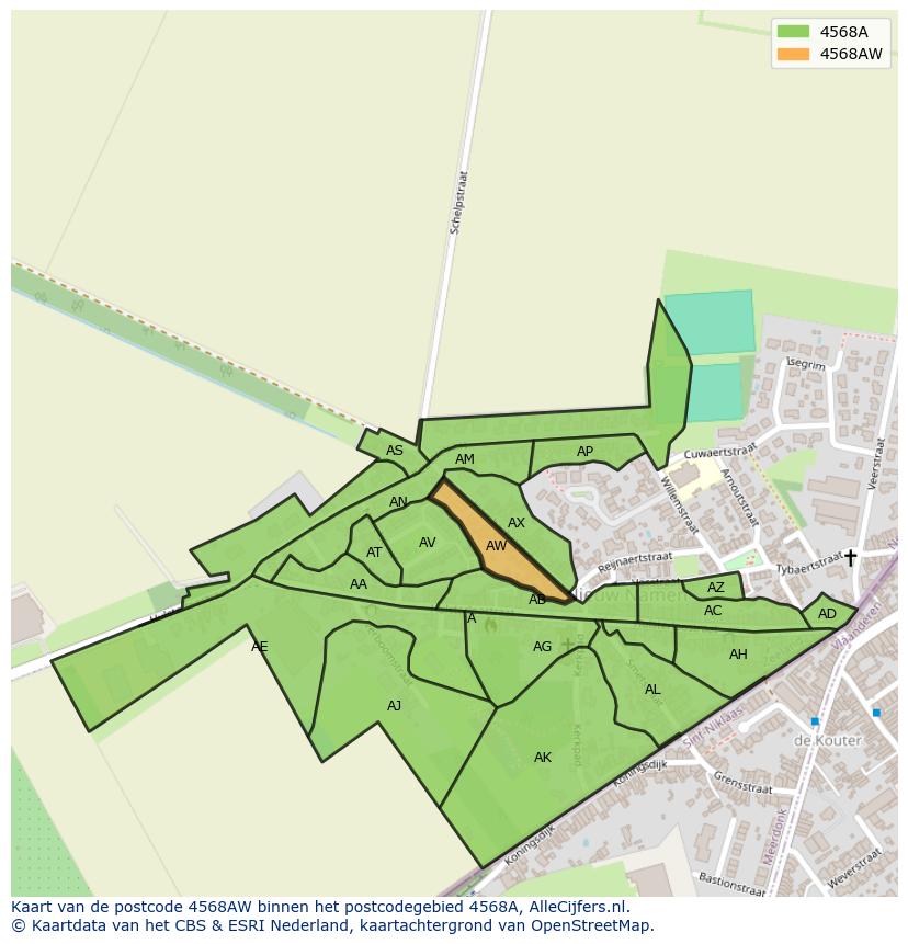 Afbeelding van het postcodegebied 4568 AW op de kaart.