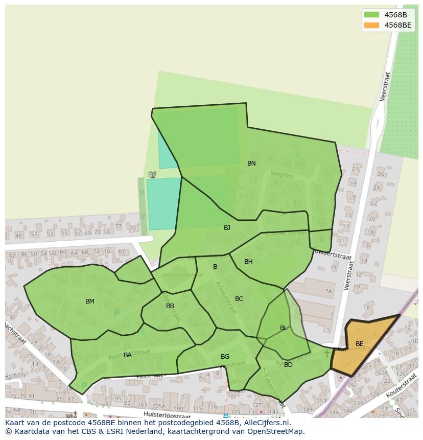 Afbeelding van het postcodegebied 4568 BE op de kaart.