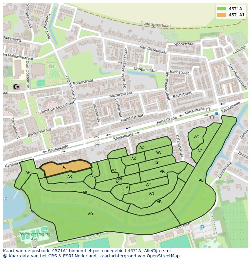 Afbeelding van het postcodegebied 4571 AJ op de kaart.