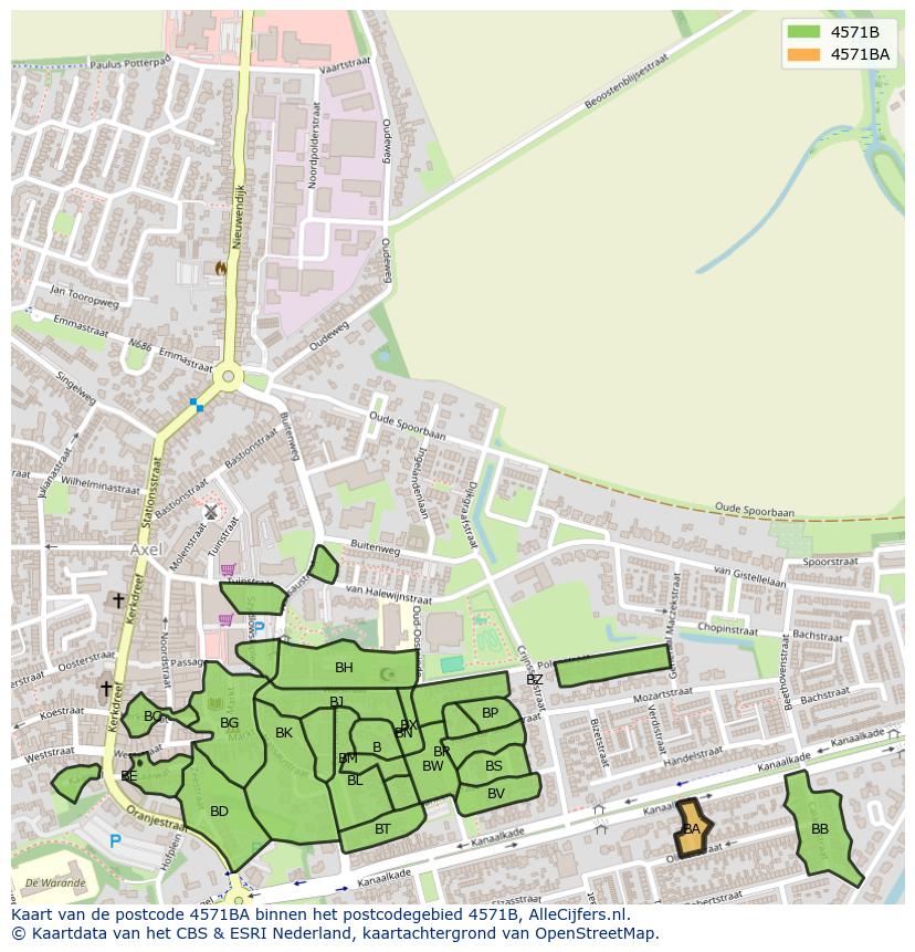 Afbeelding van het postcodegebied 4571 BA op de kaart.