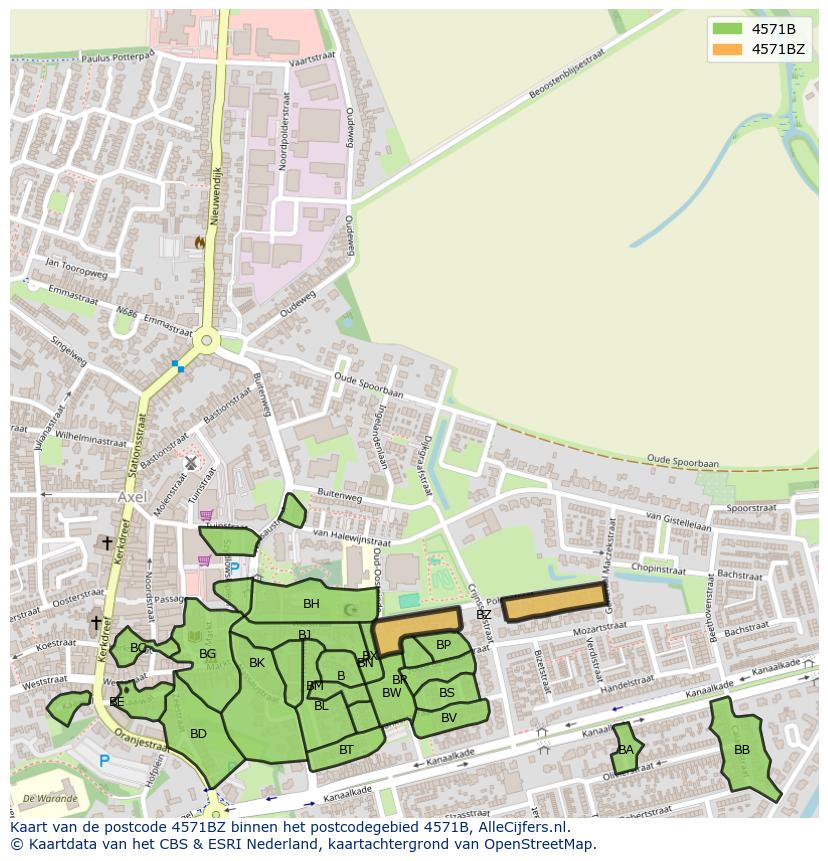 Afbeelding van het postcodegebied 4571 BZ op de kaart.
