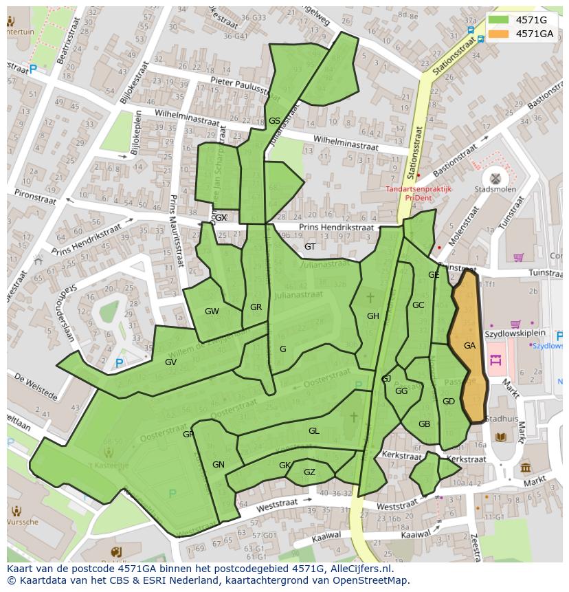 Afbeelding van het postcodegebied 4571 GA op de kaart.