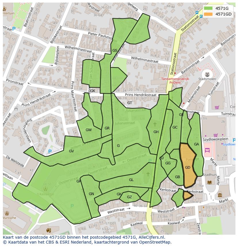 Afbeelding van het postcodegebied 4571 GD op de kaart.