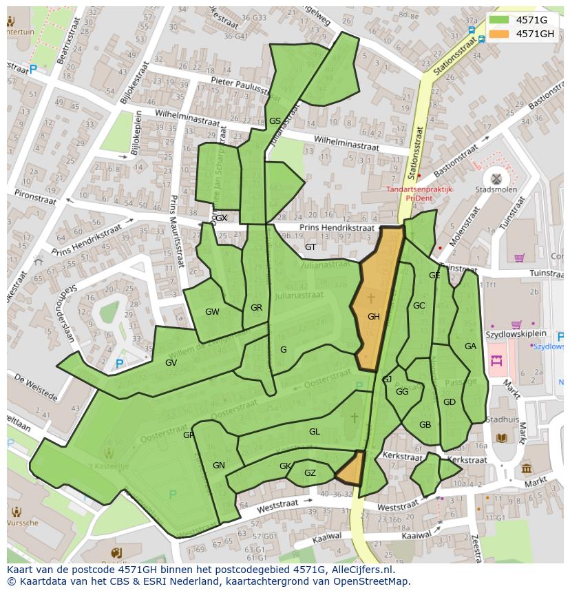 Afbeelding van het postcodegebied 4571 GH op de kaart.